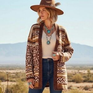Lucky Brand Open Cardigan Sweater Women’s Sz S Boho Southwestern Aztec Print